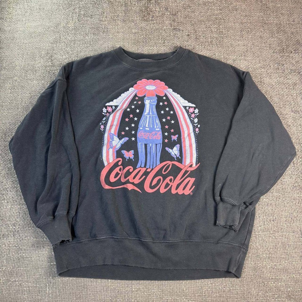 Coca-Cola Graphic Sweatshirt Mens XL Black Y2K Distressed Retro Butterfly Coke